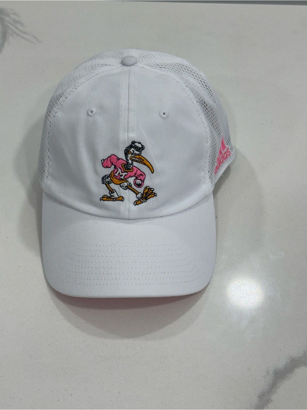 adidas White Mesh Cap with Pink Logo and Colorful Embroidered Bird